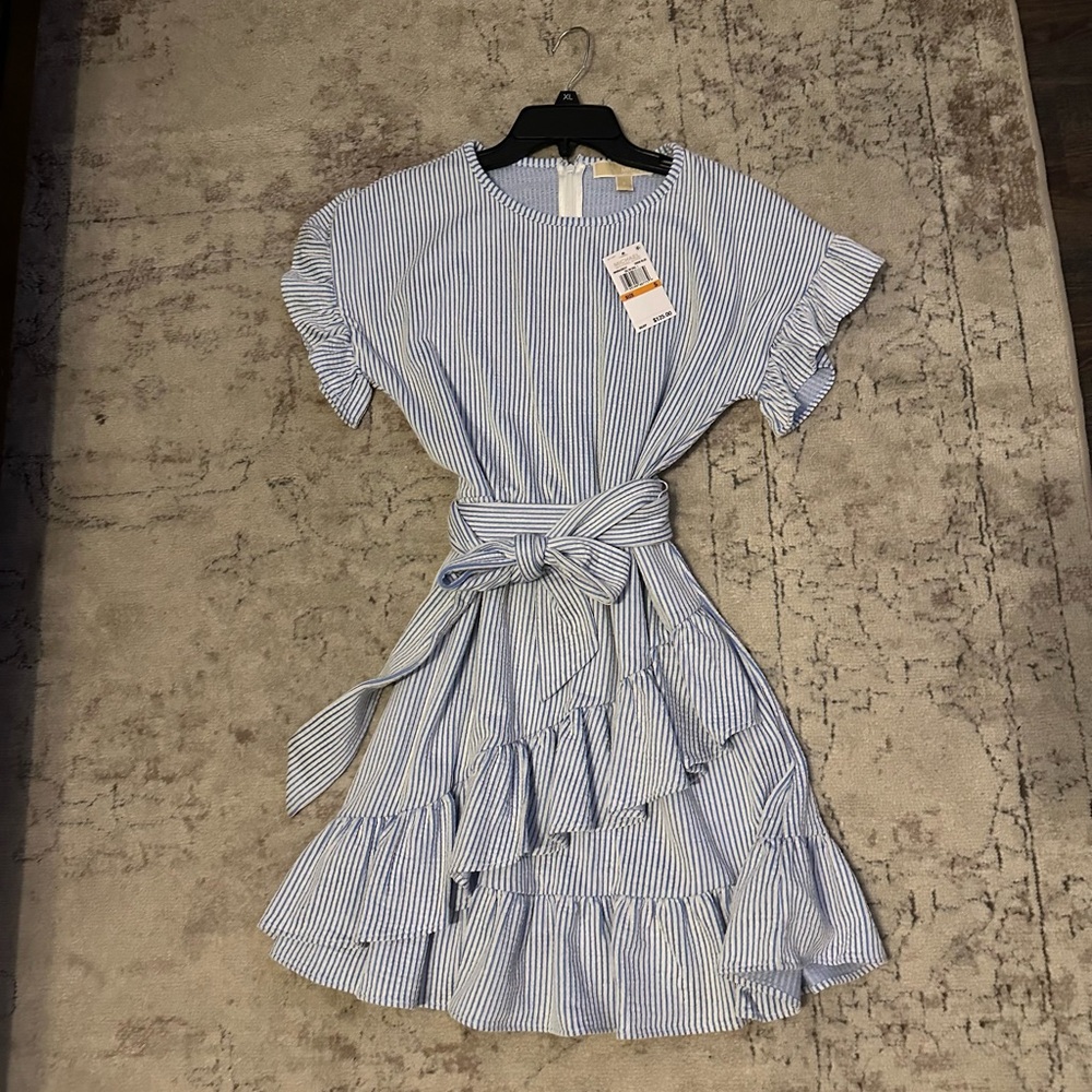 NWT Michael Kors women’s short sleeve seersucker ruffle wrap dress.